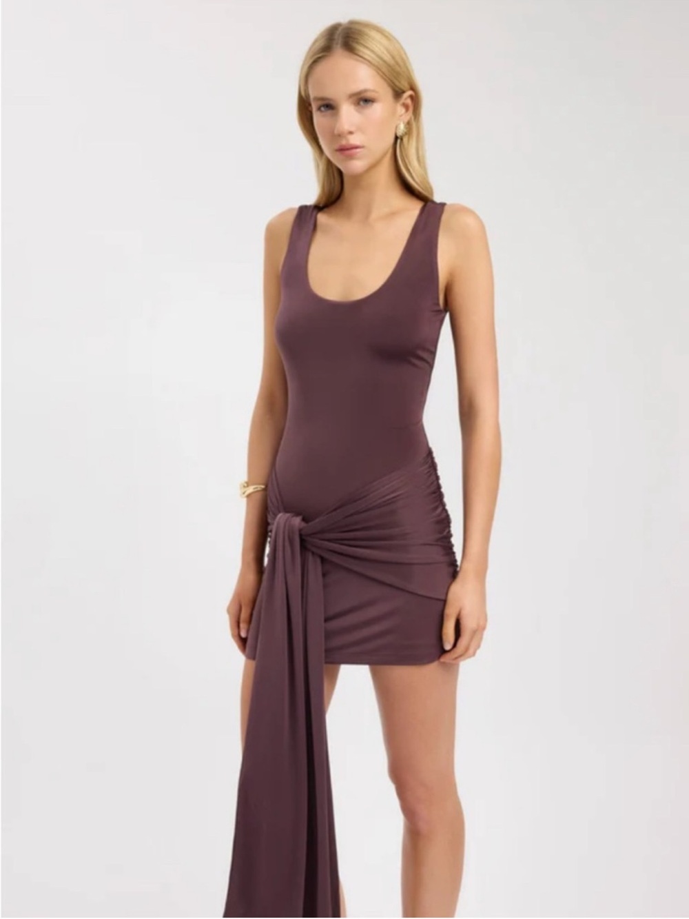 Kookai Mauve Scoop Neck Mini Dress with Draped Side Tie